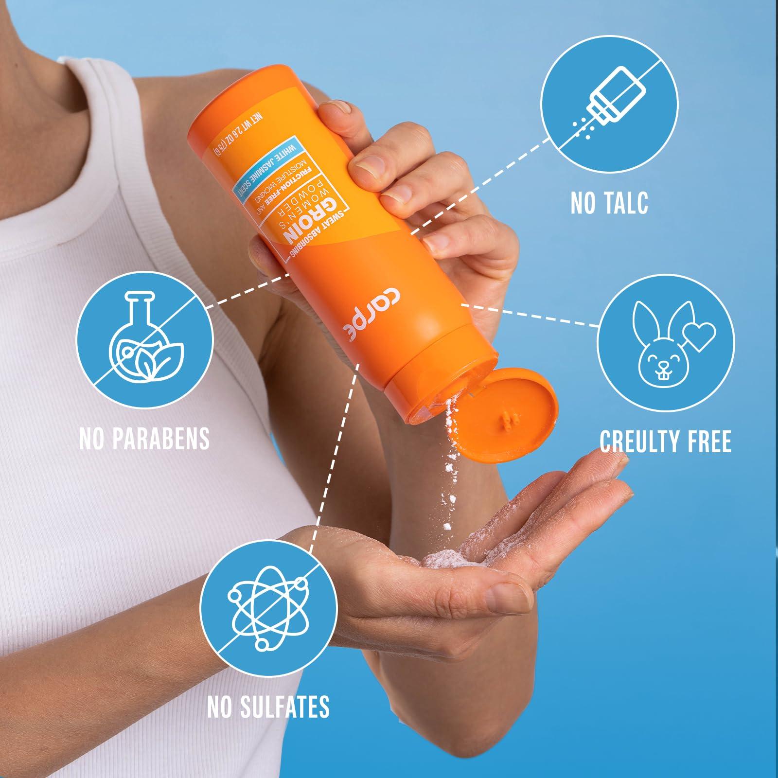 Carpe Carpe Sweat Absorbing Talc-Free Body Powder for Women, Anti-Chafing and Safe for Feminine Areas, White Jasmine Scent, 3 Pack