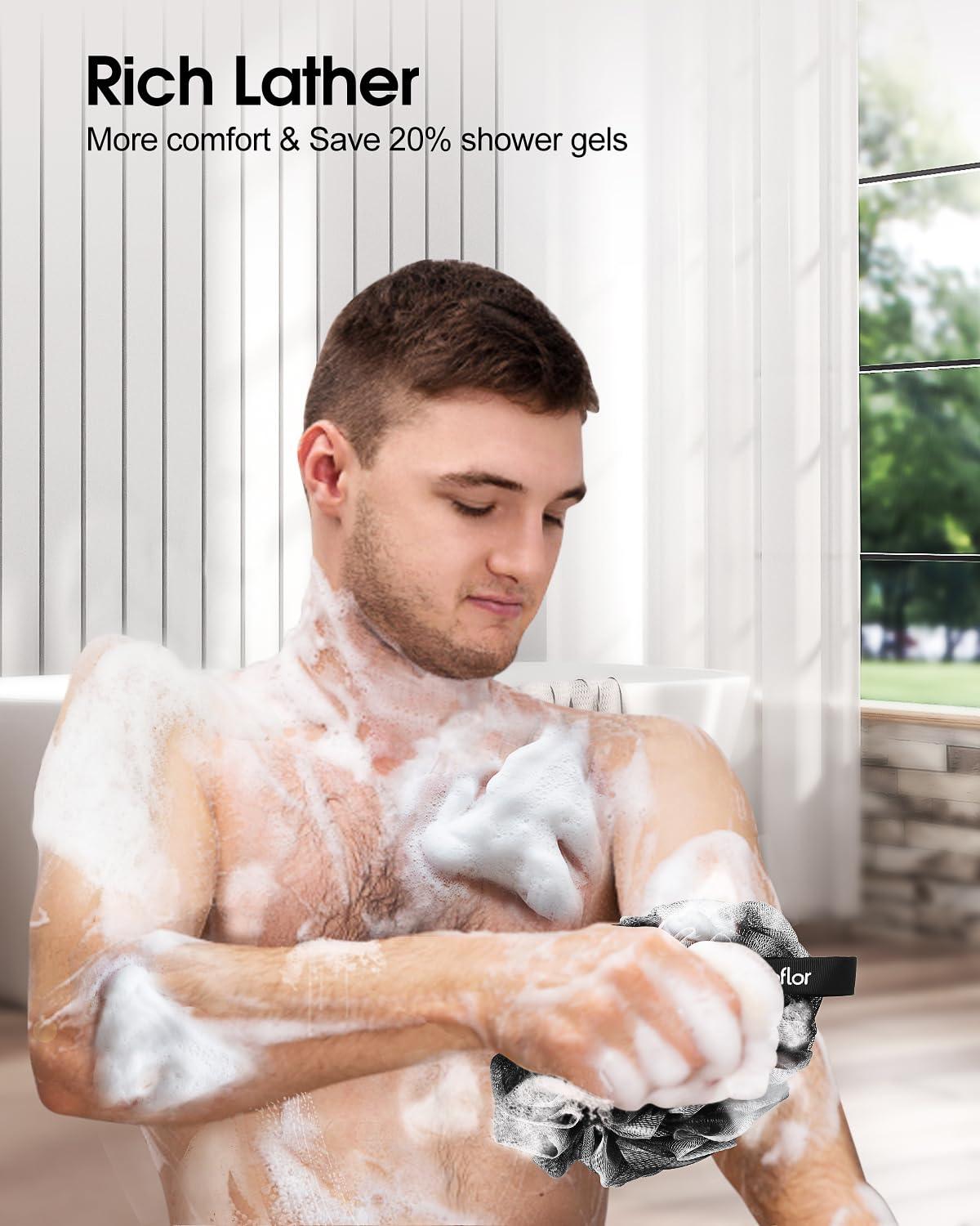 Bathflor Loofah Sponge, 80g Loofahs for Men Women, 5-in-1 Large Shower Loofah Exfoliating Body Scrubber, 2 Bath Sponge Loofa Packs, 2 Loofah with Handle Body Wash Back Scrubber, 1 Luffa Hook, Black