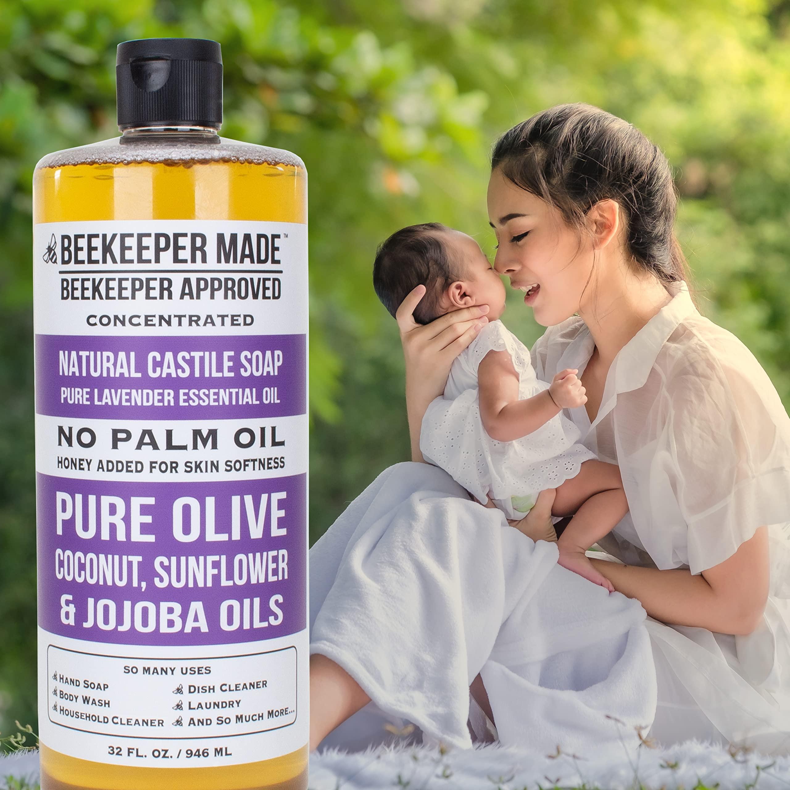 Beessential Beekeeper Made Natural Castile Soap, 32 fl oz | No Palm Oil, 8 Ingredients, Pure Olive, Coconut, & Sunflower Oils, GMO Free, For Sensitive Skin, Made in the USA (Lavender)