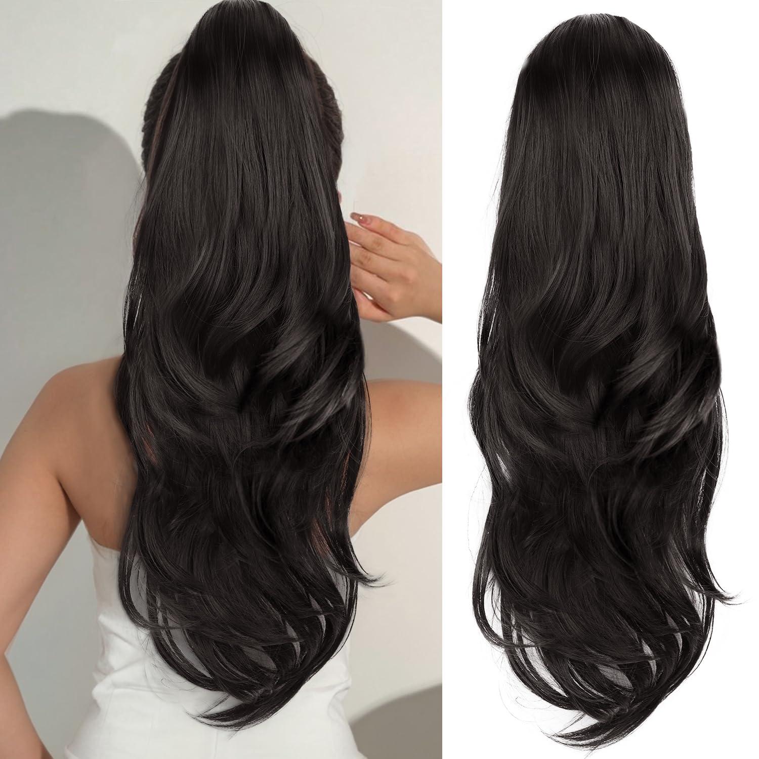 Stamped Glorious Stamped Glorious Ponytail Extension Drawstring Ponytail Extension for Women 26 Inch Long Wavy Layered Pony Tails Hair Extensions Clip in Ponytail Hairpiece for Daily Party UseDark Brown