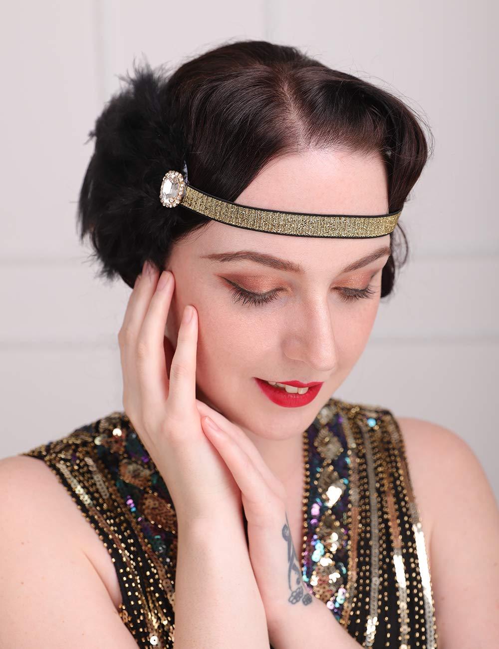 Aimimier Aimimier 1920s Flapper Feather Headband Black with Elastic Hair Band Costume Roaring 20s Feather Headpiece Hair Accessories for Women