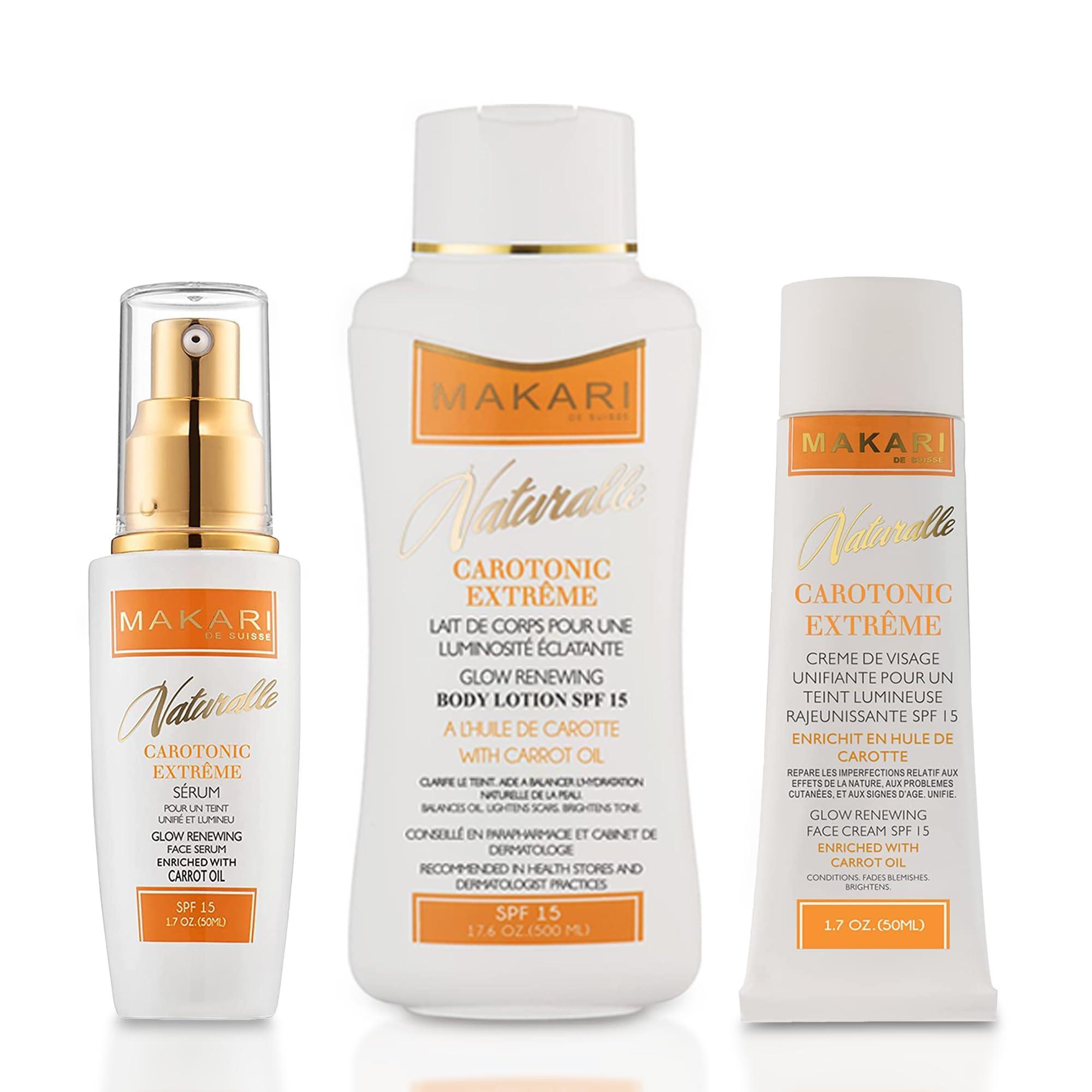 MAKARI MAKARI Naturalle Carotonic Extreme Glow Skincare Bundle | Renewing Face Cream, Brightening Serum & Body Lotion | Brightens, Moisturizes, Fights Aging & Diminishes Scars | For Oily & Acne-Prone Skin