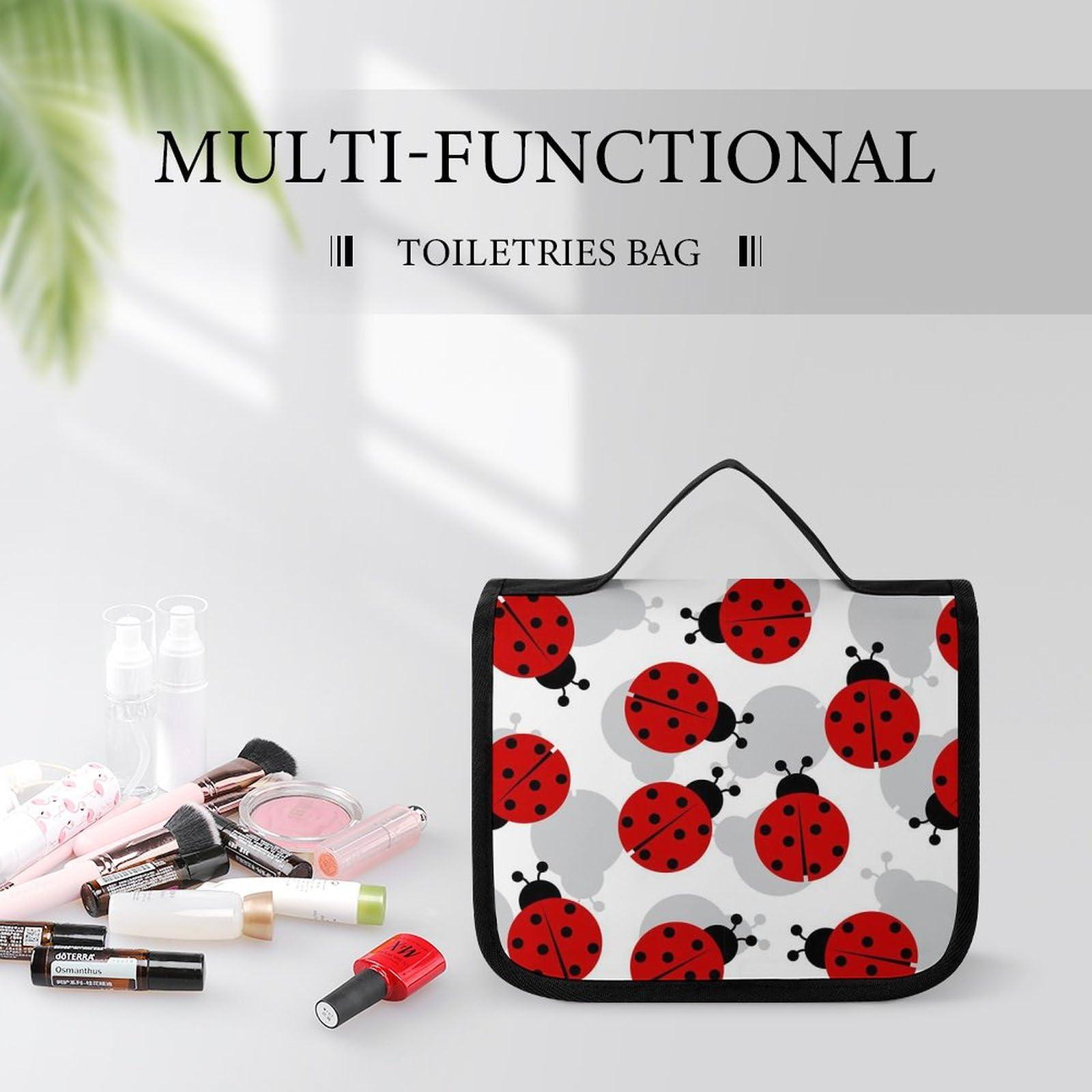 Meaudiwes Travel Hanging Toiletry Bag, Makeup Bag, Organizer Extra Large Toiletries Bag, Multifunction Cosmetic Bag For Women Men Compatible with Red Black Dots Ladybugs Pattern