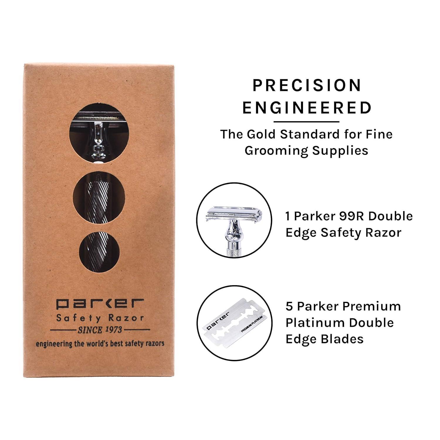 Parker Safety Razor Parker 99R Chrome Long Handle Heavyweight Butterfly Open Double Edge Safety Razor for Men, 5 Parker Premium Platinum Double Edge Razor Blades Included