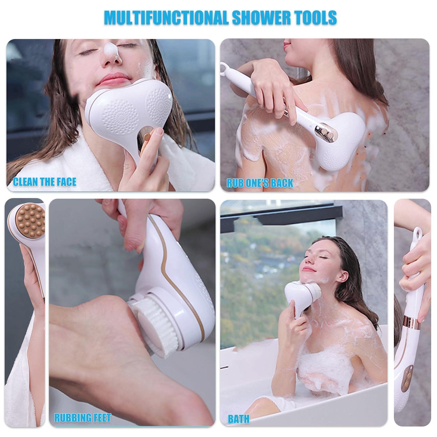 PeaMirmy Electric Body Brush,5 Attachments Brush Heads Electric SPA Brush Spin Scrubber for Shower Bathing Cleansing Wash Deep Cleaning with Silicone Rechargeable IPX7 Waterproof