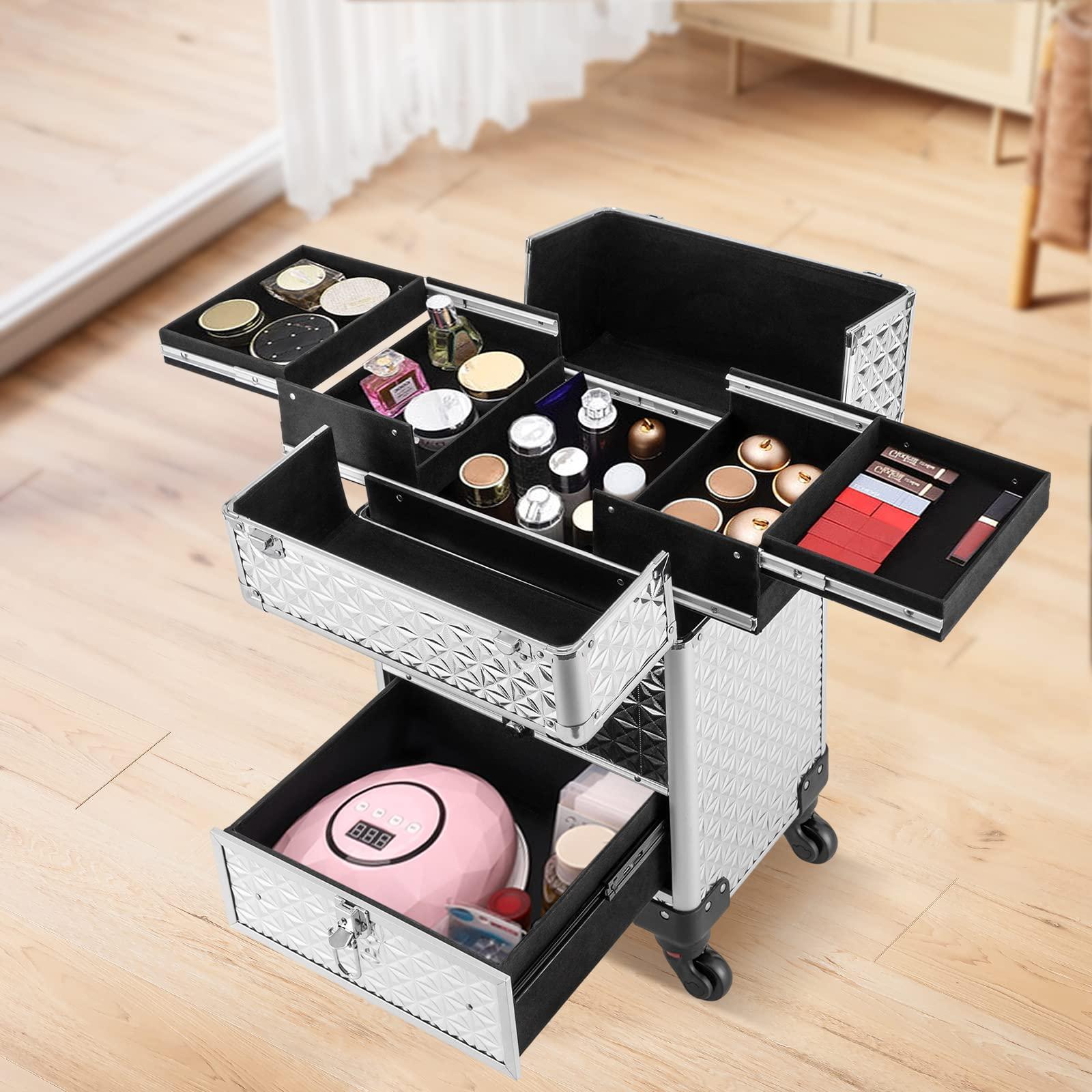 KJNHhugH KJNHhugH Professional Makeup Case Trolley, Rolling Nail Case Wheeled Manicure Storage Case Cosmetic Trolley Cosmetologist Stylist Case for Studio or Travelling, 13.4x9.8x18.5Inch (Sliver)