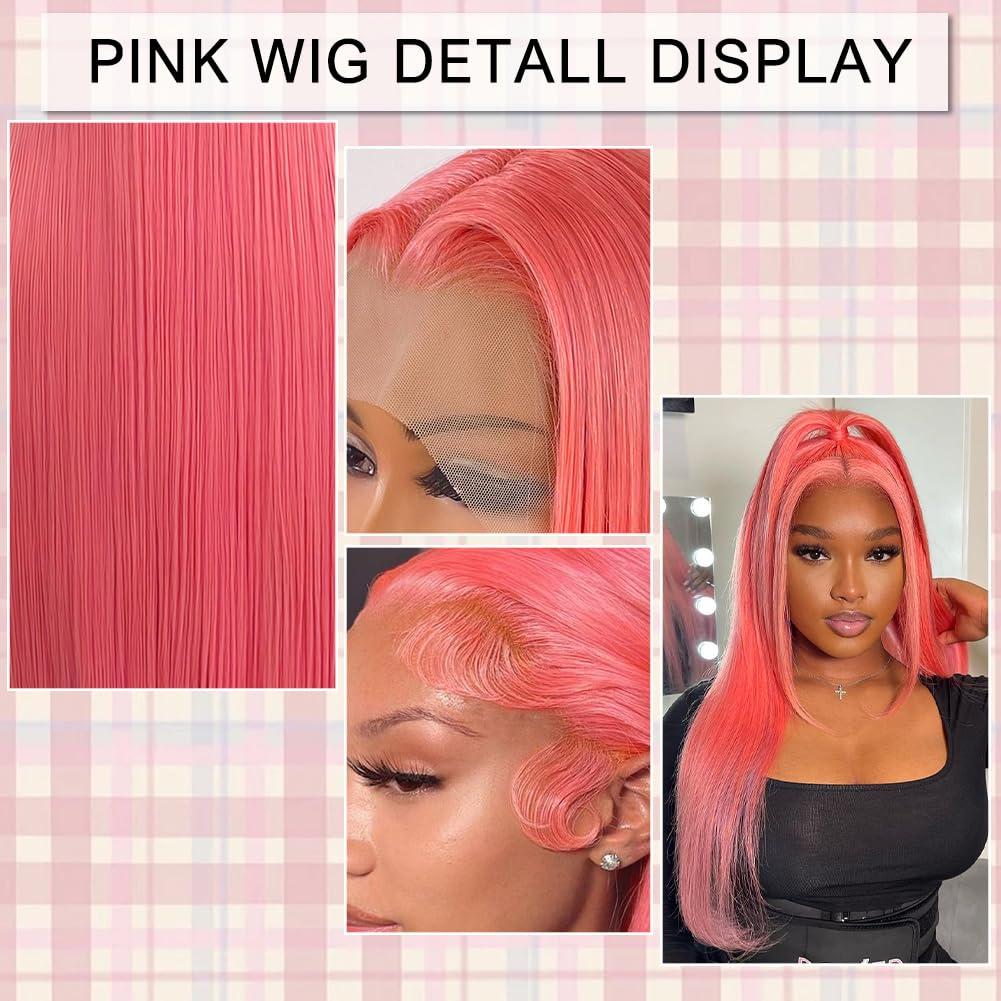 MUGOHK MUGOHK Pink Lace Front Wig - Human Hair, 24 Inch, Straight, HD Lace Frontal, Pre-Plucked with Baby Hair, 150 Density