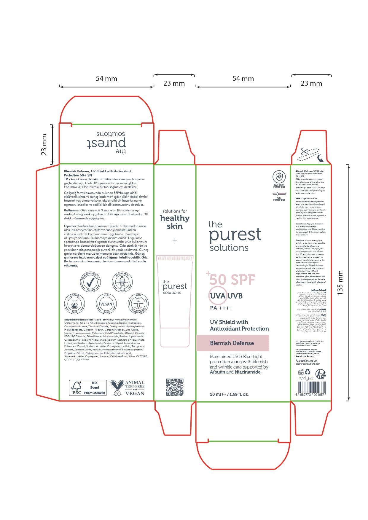 The Purest Solutions The Purest Solutions Blemish Defense (UV Shield with Antioxidant Protection SPF 50+) - 8h UVA Protection, Arbutin & Niacinamide for Skin Tone Harmonization and Moisturizers - Vegan (50 ml)