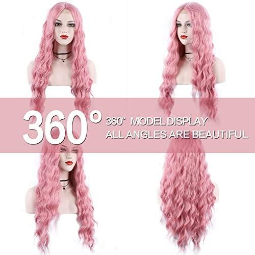 Igrina Igrina Pink Wig for Women Deep Wave 29 Inches Long Wavy Ginger Wig Water Wave Middle Part Curly Synthetic Lace Wig For Cosplay Daily Use(Pink)