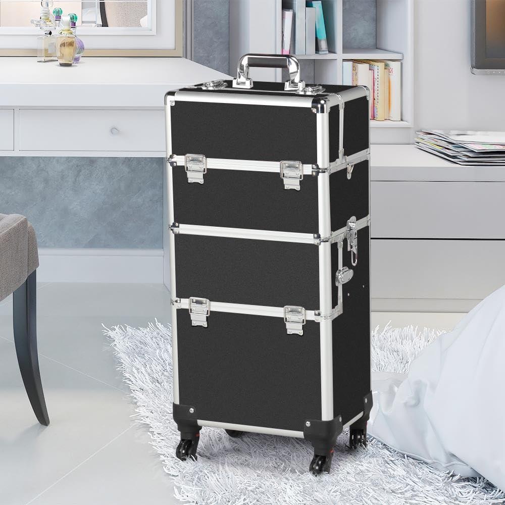 Yaheetech Yaheetech Rolling Makeup Train Case 3 in 1 Cosmetic Makeup Case Large Aluminum Trolley Makeup Travel Case Professional Rolling Cosmetic Beauty Storage, with 360 Swivel Wheels, Black