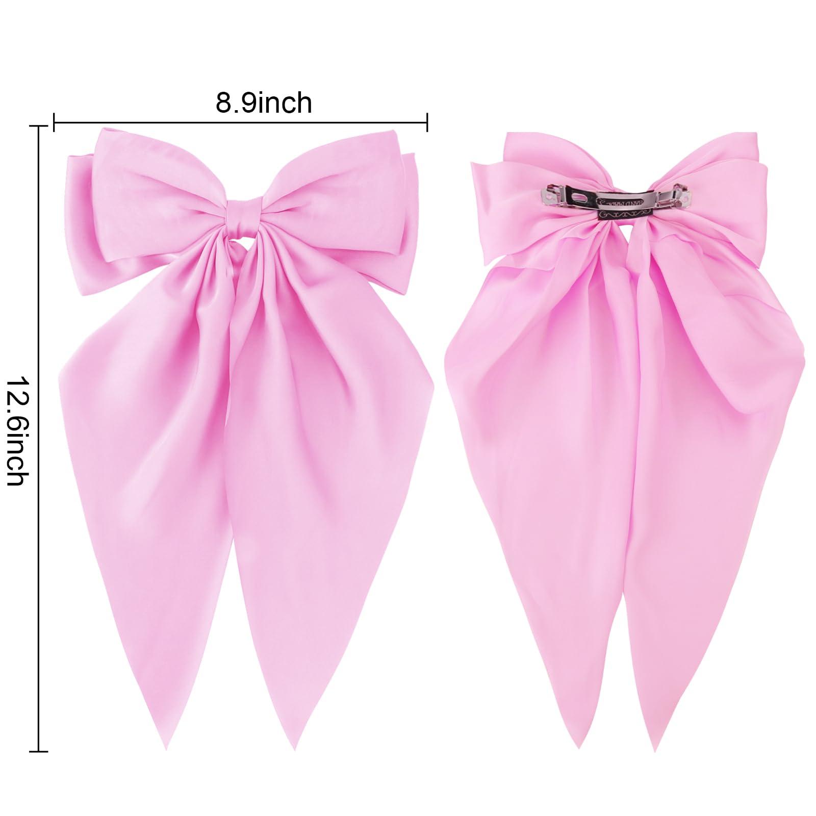 COCIDE 3Pcs Silky Satin Hair Bows for Women Hair Ribbons for Girls Big Bow Hair Ties Large Hair Barrettes for Girl French Cute Hair Clips Long Tail Mexican Hair (White,Purple,Pink)