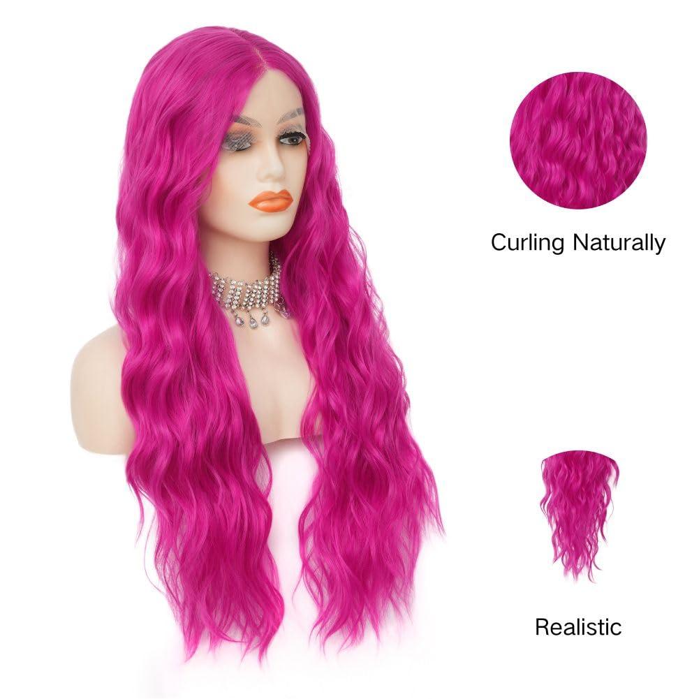 Siudus Siudus Hot Pink Lace Front Wigs for Women Long Curly Wavy Wig Middle Part Synthetic Fibre Halloween Cosplay Wig