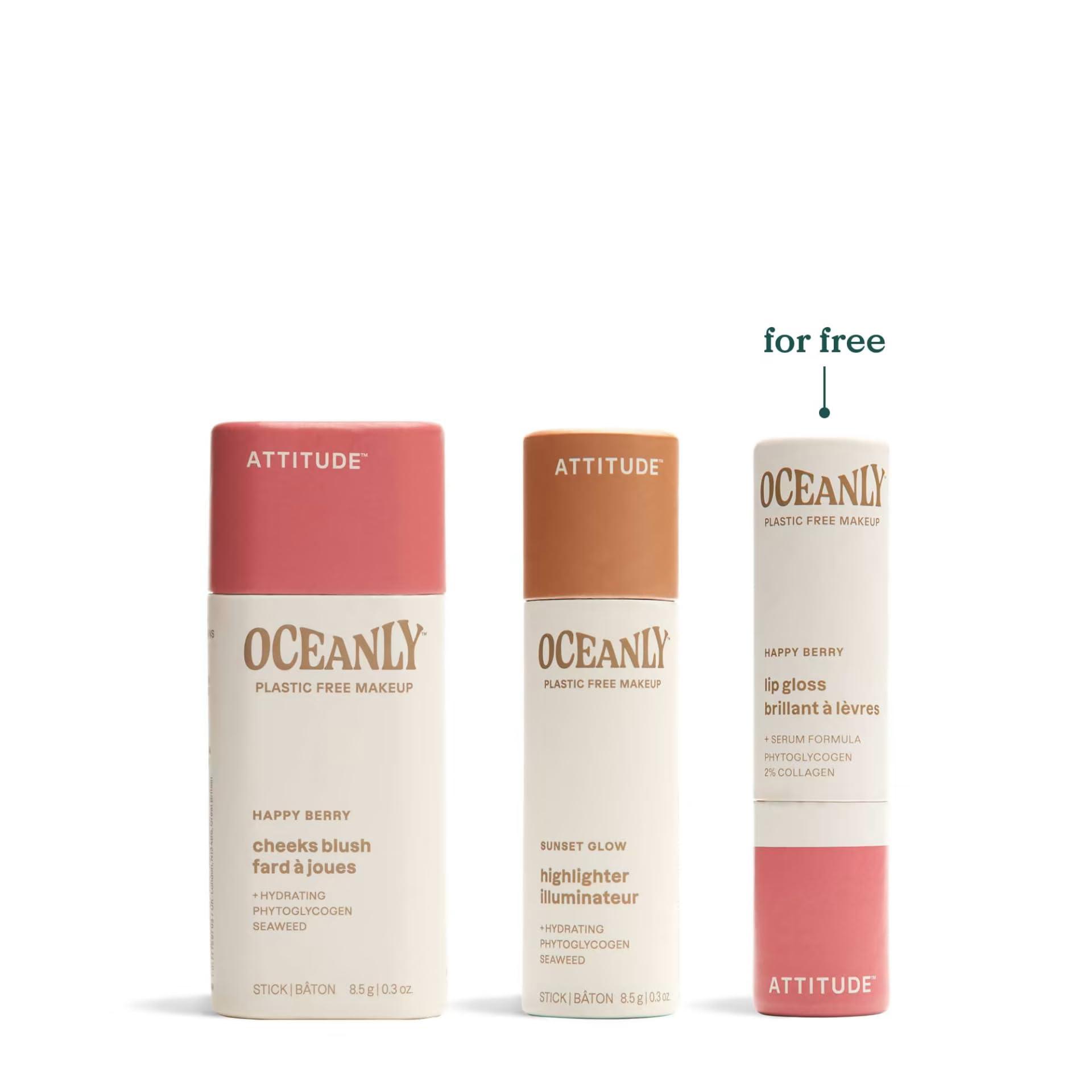 ATTITUDE ATTITUDE Happy Berry Makeup Trio Set, EWG Verified, Titanium Dioxide-Free, Plastic-free, Plant and Mineral-Based Ingredients, Vegan and Cruelty-free Beauty Products, Set of 3 Makeup Sticks
