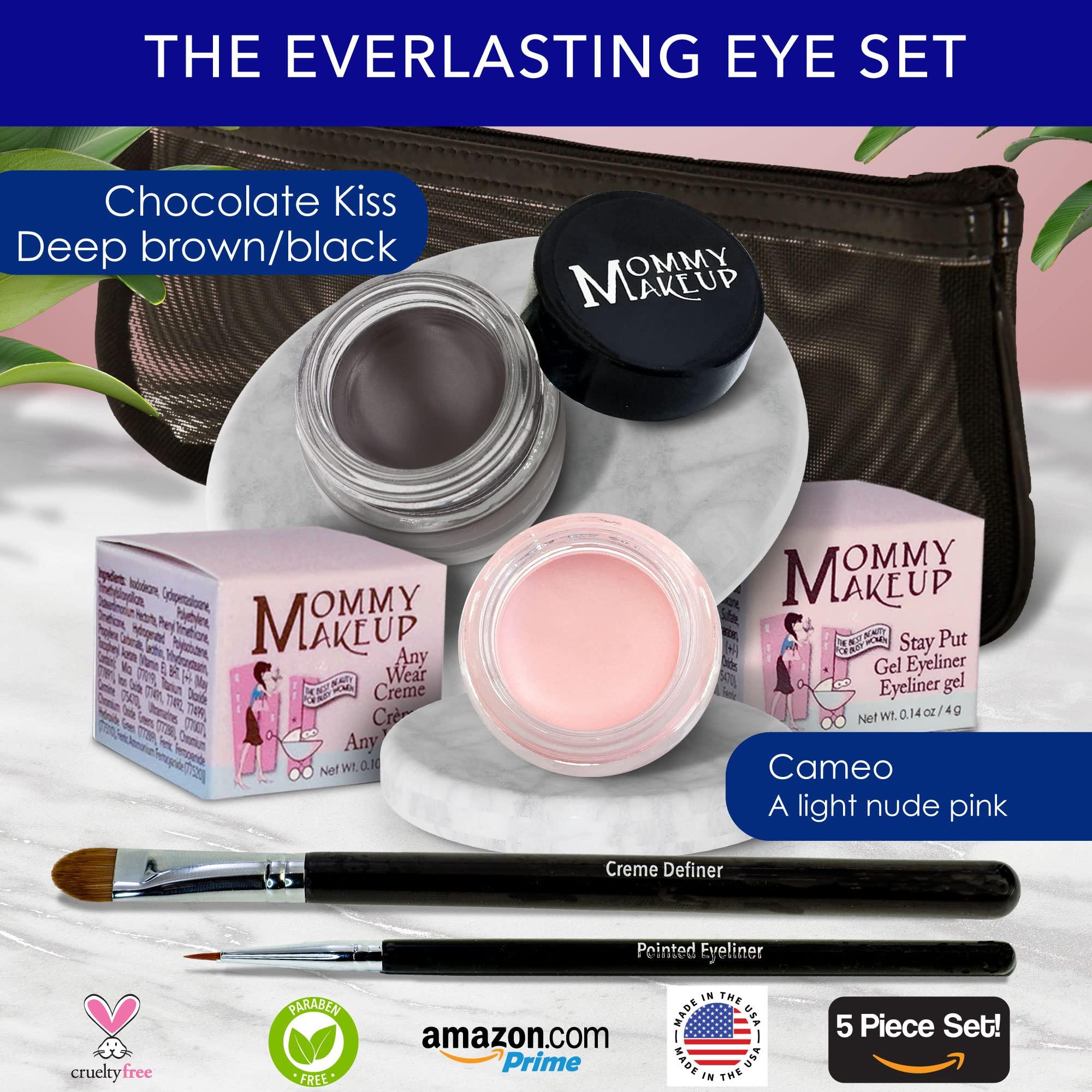 Mommy Makeup The Everlasting Eye 5 Piece Waterproof Makeup Set. Gel Eyeliner, Creme Eyeshadow, 2 brushes and Mesh Bag. Paraben-free, Talc-free, Cruelty-free. Cameo/Chocolate Kiss 2302