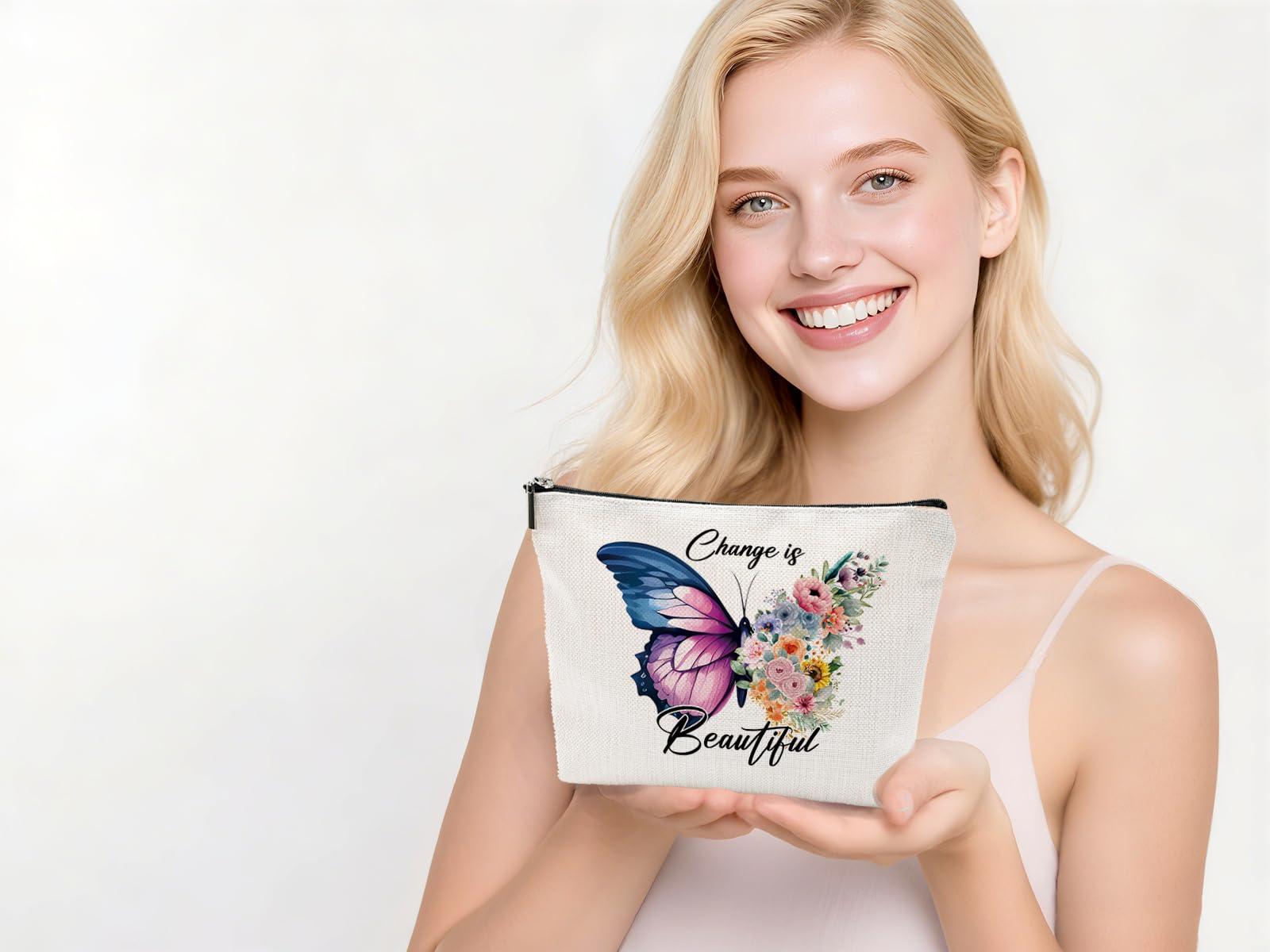 heshengzaixian heshengzaixian Butterfly Inspirational Quotes Makeup Bag for Gilrs Woman,Change is Beautiful Motivation Cosmetic Bag, Portable Waterproof Linen Toiletry Beauty Bag Travel Case Accessories Pouch
