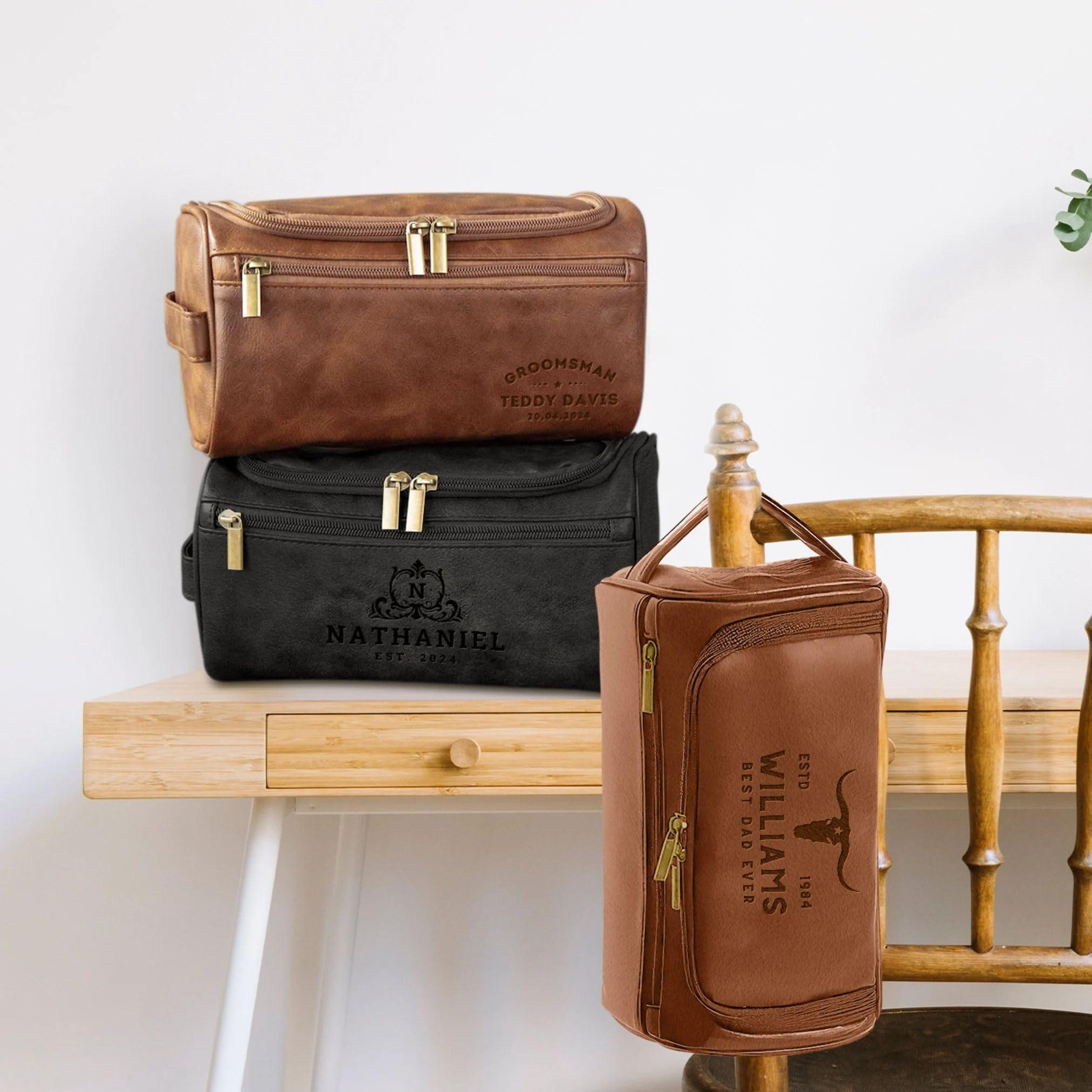 BOWIPOR BOWIPOR Personalized Toiletry Bag,Groomsman Gift,Engraved Dopp Kit,Custom Leather Travel Bag,Best Man Gift,Men\'s Leather Accessory