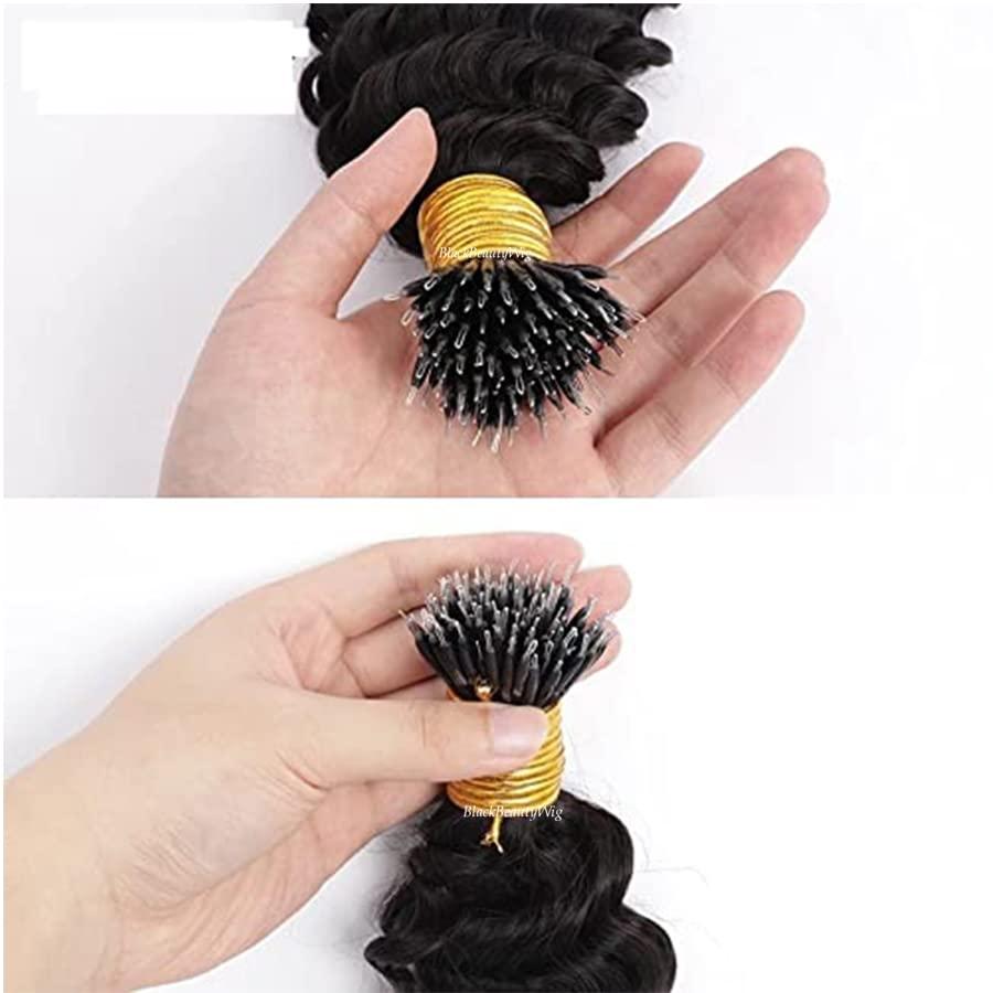 RJ HAIR RJ Hair Afro Kinky Curly Nano Ring Human Hair Extension Pre Bonded Mongolian Remy Nano Ring I Tip Hair Micro Beads Small Curly Microlinks Hair Extension 100g 100strands (20inch 100 Strand, #Natural Color)