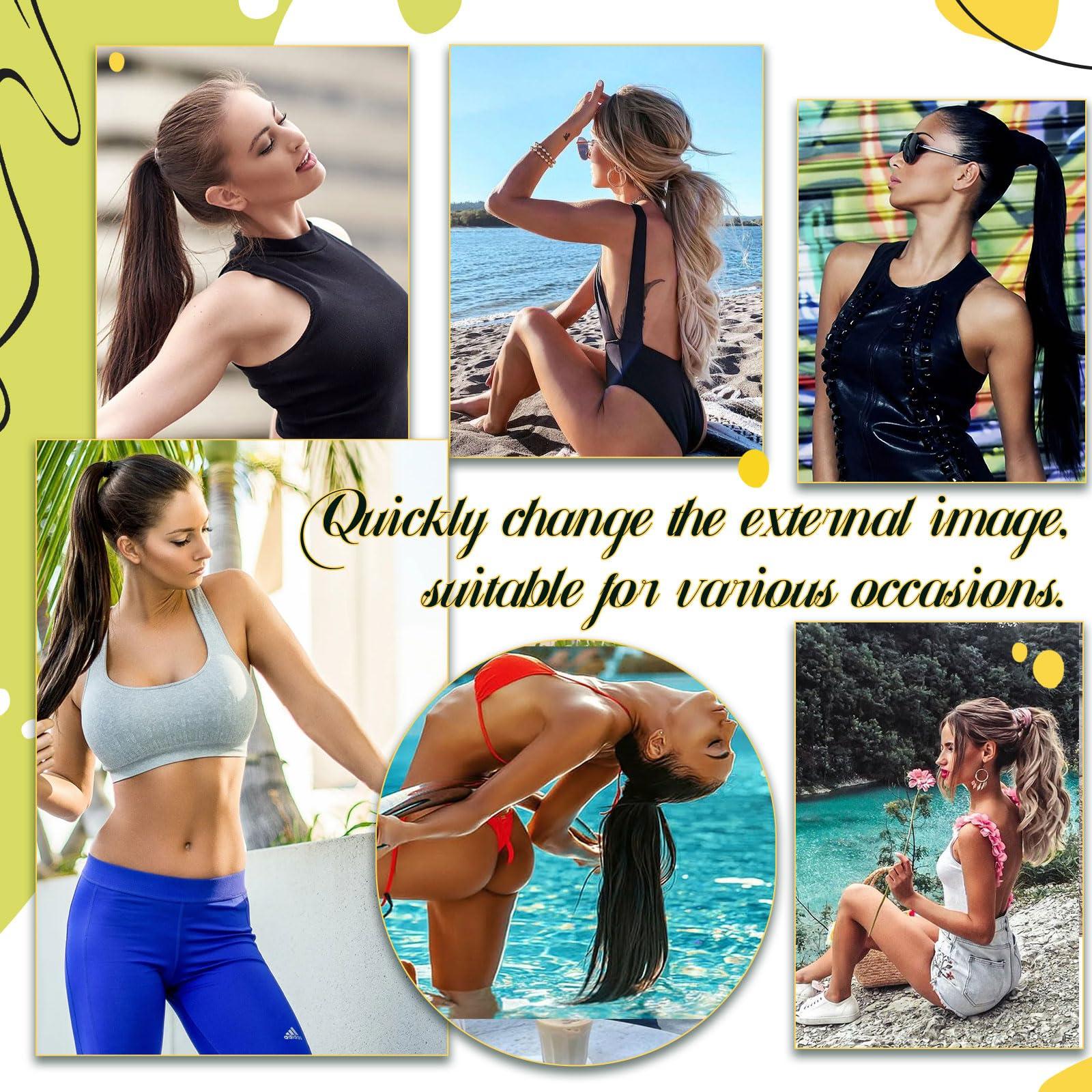 RUNATURE RUNATURE Human Hair Ponytail Extension 18 Inch Ash Blonde with Platinum Blonde Ponytail Extension Human Hair with Magic Paste Full Ends Long Real Hair Ponytail Extensions Wrap Around Thick 80g