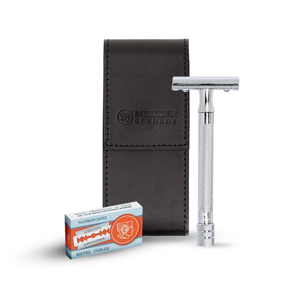 MERKUR MERKUR 5005 Travel Shaving Set featuring MERKUR 23C Three-piece Safety Razor with Long Handle & Bright Chrome Finish, 10 Double Edge Blades & Black Leather Case | Made In Germany