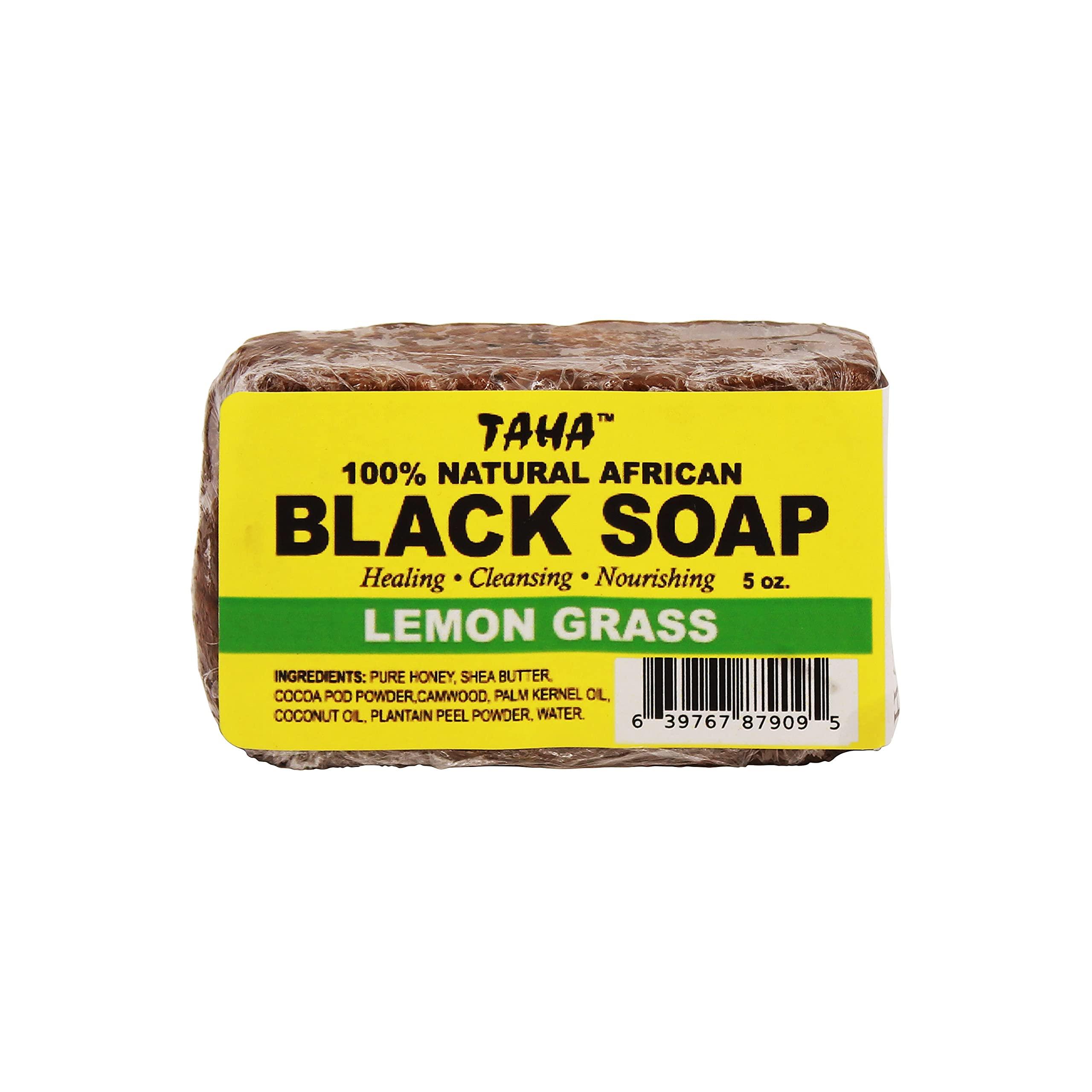 TAHA TAHA African Black Soap Bar, Organic & 100% Natural, Soothing & Moisturizing, Healthy Cleansing – Great for Blemishes, Acne, Dry Scalp, and More, Natural Scent, 5 Oz (Lemongrass, Pack of 1)