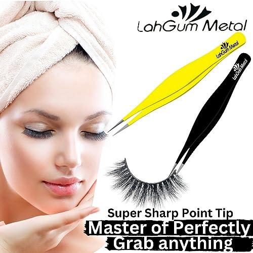 LahGum Metal Super Sharp Pointed Tweezers Precision Fine Point Tip Ingrown Hair Tweezers Kit Best Pointed Tweezers for Women Chin Hair Removal - Extra Thin Tweezers Precision Stainless Facial Hair Remover for Face