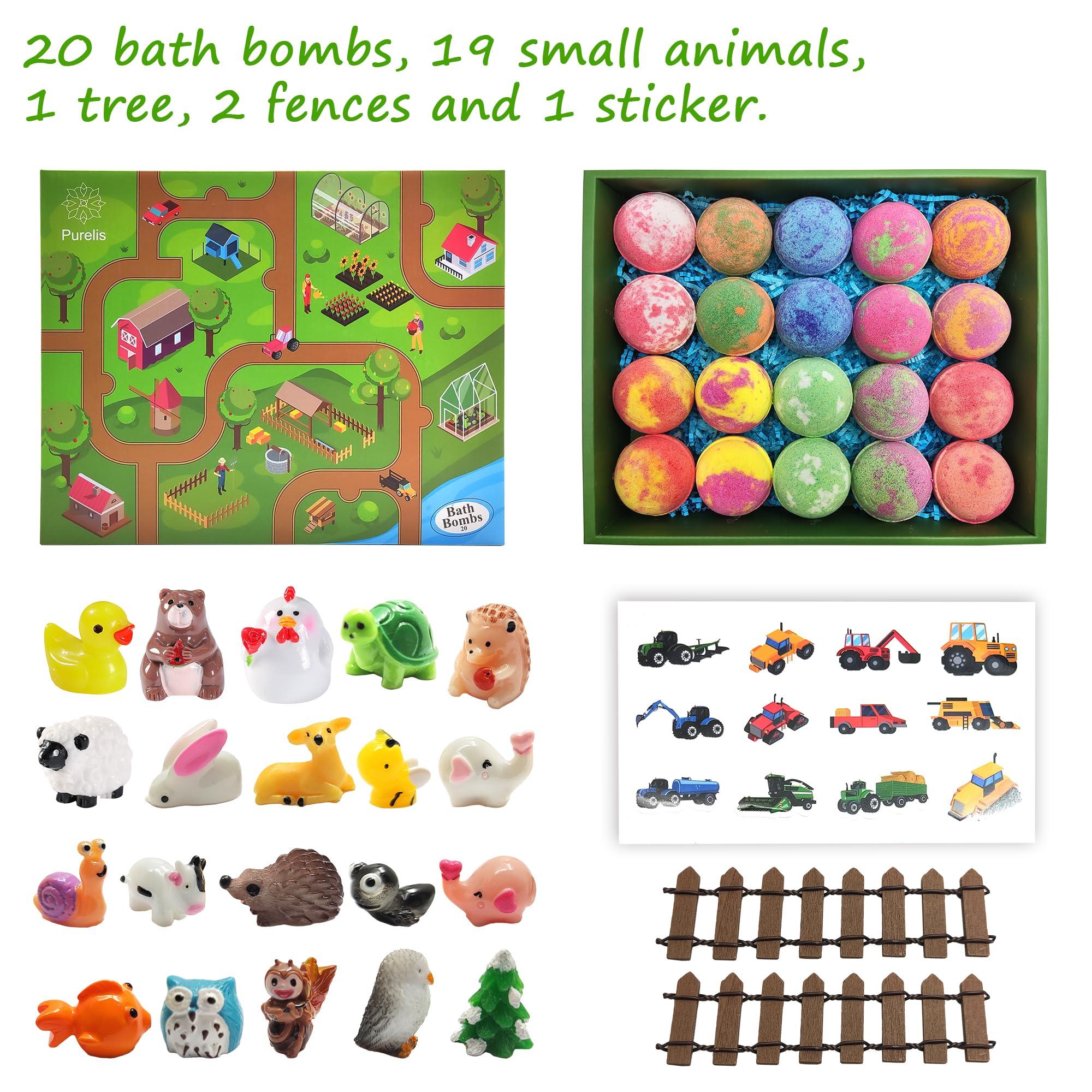 Joanne Arden Organics Kids Bath Bombs Gift Set. 20 Natural Bath Bombs with Toys Inside & Farm Playmat. Animal Bath Bombs for Boys and Girls with Prize Inside