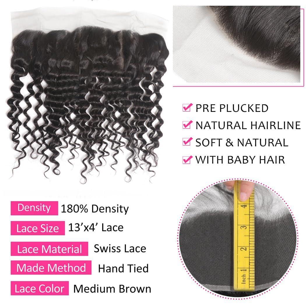 Odir Odir 13x4 Lace Frontal Deep Wave Human Hair 180% Density Unprocessed 9A Deep Curly Virgin Hair 13x4 Ear to Ear Lace Closure Frontal with Baby Hair Natural Color 10 Inch