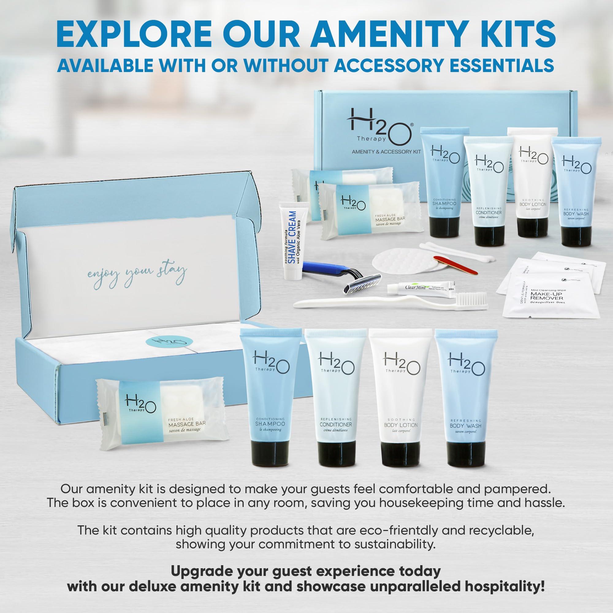 H2O Therapy H2O Therapy Amenity & Accessory Kit | 0.85 oz Travel Size Shampoo, Conditioner, Lotion, Body Wash, Massage Bar, Cleansing Bar, Shave & Dental Sets, Make-Up Remover Wipes, & Vanity Kit | 15 sets/case