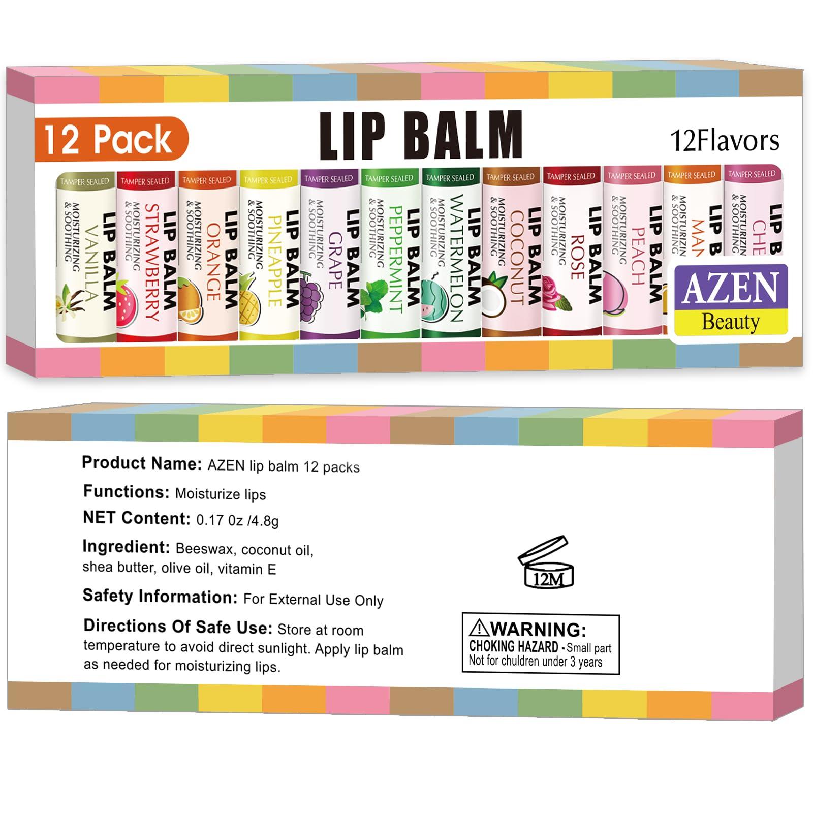 AZEN AZEN 12 Pack Lip Balm, Natural Lip Balm Bulk, Lip Care Product, Moisturizing Lip Balm for dry cracked lips - 12 Flavors