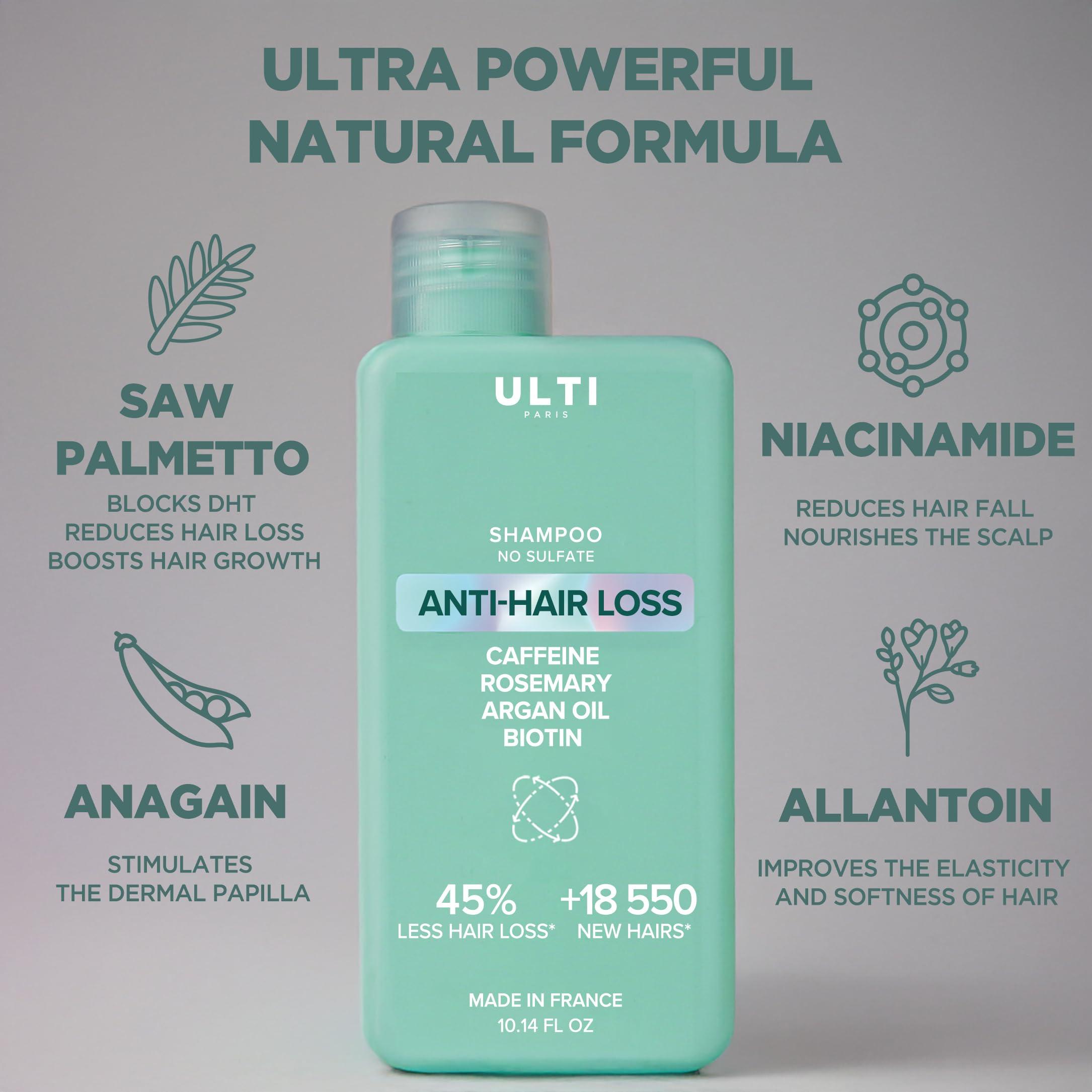 Ulti Paris ULTI Paris Anti Hair Loss Shampoo, No Sulfate, Caffeine, Rosemary, Saw Palmetto, Argan Oil, Biotin, 71% Hair Loss Reduction, 10.14 FL.OZ.