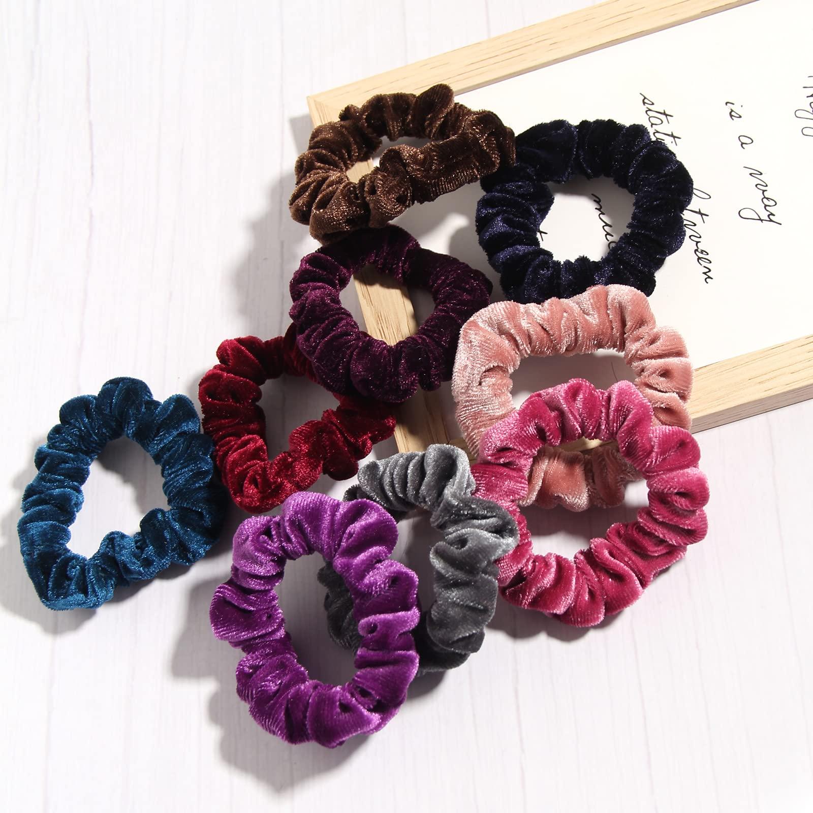 LFOUVRE Pack of 10 Small Velvet Scrunchies for Women Hair Accessories - LFOUVRE Rubber Hair Bands for Thick and Thin Hair, Mini Ponytail Holders with Elastic Hair Ties