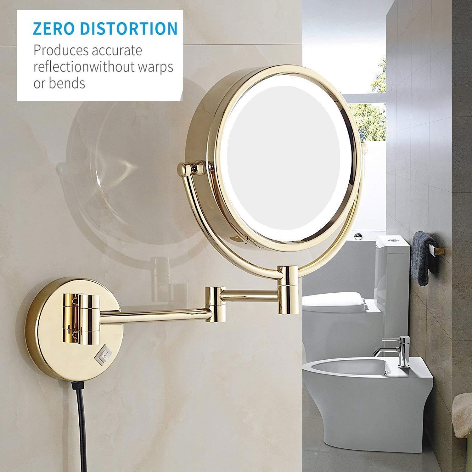 ROWITA ROWITA Wall Mounted Makeup Mirror 3X Magnification, Magnifying Vanity Mirror with LED Lights, Flexible Gooseneck, and Locking Suction, Extendable Arm,for Girls (Color : Gold)