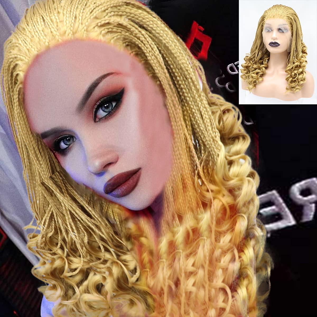 karissa Hair 613 Blonde Braided Wigs for Black Women Short Micro Braids Curly Lace Front Synthetic Wig Pre Plucked Hairline Gold Frontal Handmade Braiding Glueless Heat Friendly Hair Daily Cosplay Party 16Inch