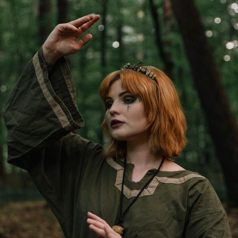 CoTeeZa CoTeeZa Green Fairy Crystal Crown - Handmade Raw Quartz Tiara with Bronze Crow Branch Moon Elf Headpiece Fantasy Forest Witch Crown Wedding Renaissance Halloween Cosplay Woodland Headband