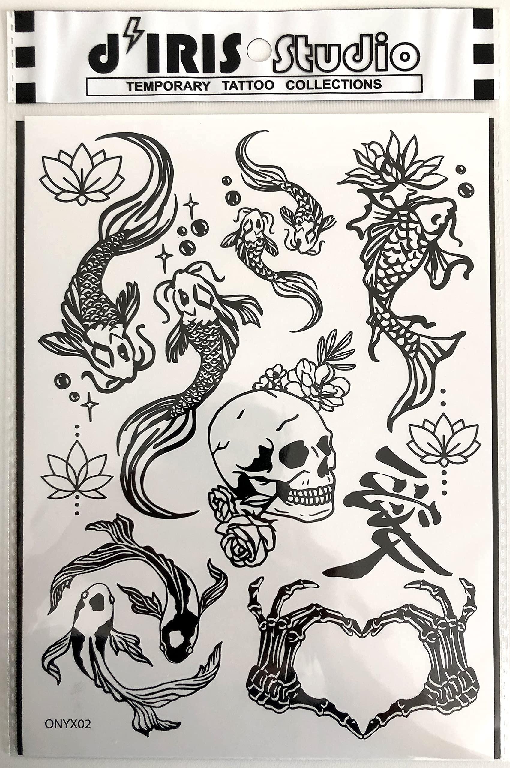 d'IRIS studio Temporary Tattoos for Adult Women - 2 Sheets - Black Big Ying and Yang Koi Fish Kanji Love Skeleton Heart Hand Skull Lotus Sleeve Adults Tattoo