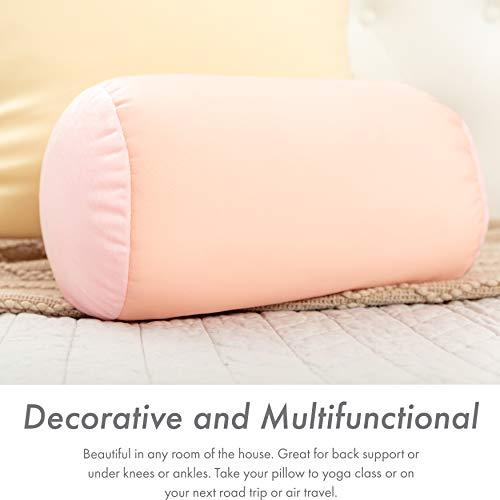 PILLOWY Microbead Bolster Neck Roll Pillow, Gently On Body, Head, Neck & Shoulders No Pain Rest, Relax Sleep - Silky Feel Prevent Wrinkles & Hair Breakage - Lightweight Cylinder Tube, 14" x 8", Cream Peach