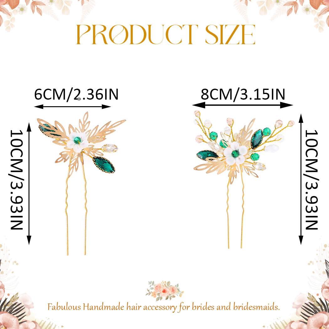HEREAD Heread Flower Bride Wedding Hair Pins Gold Leaf Bridal Hair Pieces Green Crystal Hair Accessories for Women and Girls