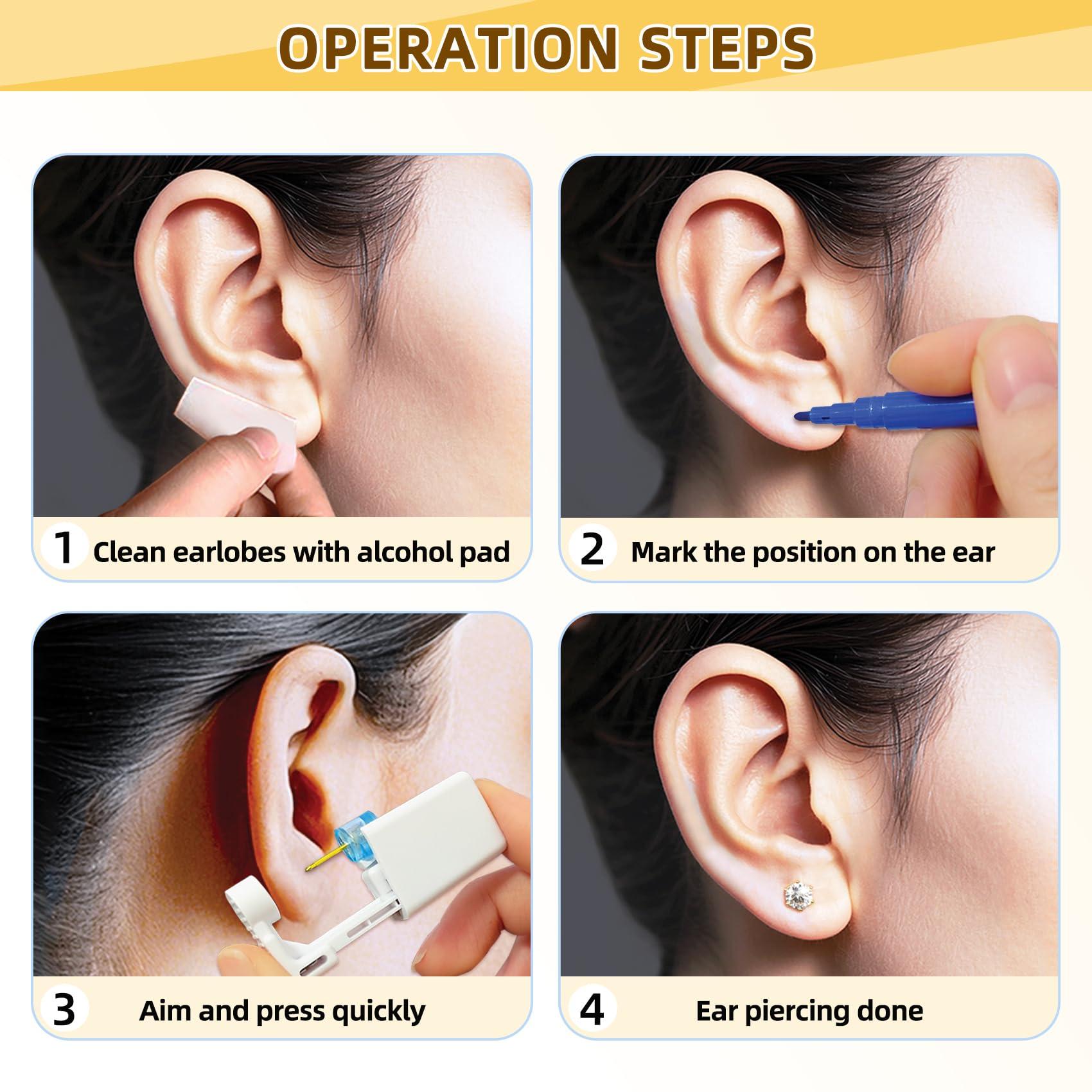 Novopiercing 24 Pcs Ear Piercing Kit Disposable Ear Piercing Gun Kit with 8 Pcs Gold-Plated CZ Earrings Stud 8 Pcs Self Piercing Gun and 8 Pcs Cleaning Pads