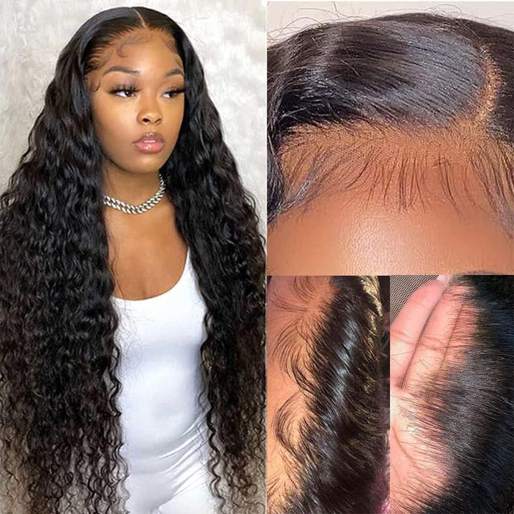 FKFO 13x6 HD Transparent Lace Front Human Hair Wigs For Black Women Mongolian Deep Curly Lace Front Wig Human Hair Pre Plucked Deep Wave Frontal wig Full And Thick (28 Inch, 13x6 Lace Front Wig Human Hair)