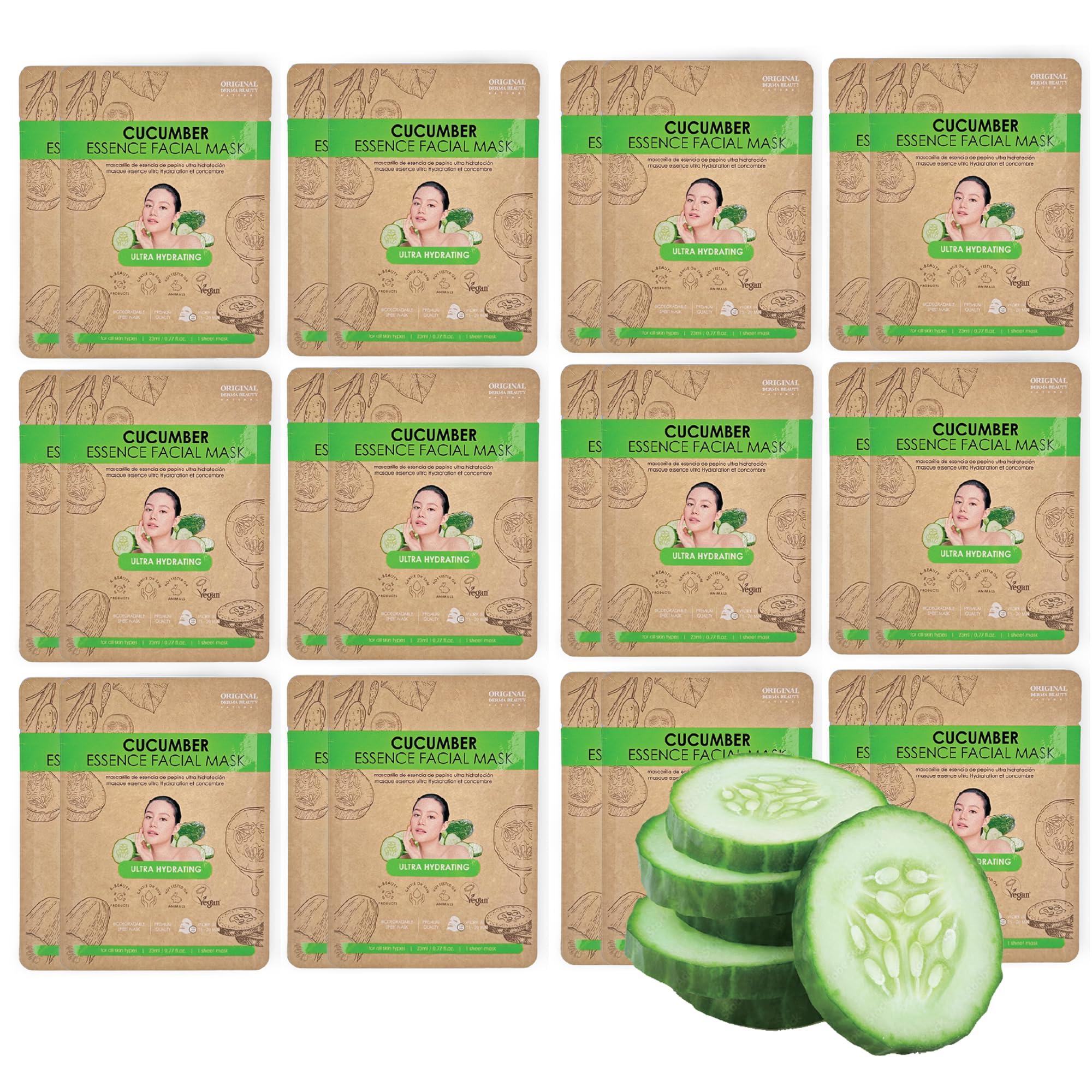 ORIGINAL DERMA BEAUTY ORIGINAL DERMA BEAUTY 24PK Cucumber Essence Face Masks for Skincare - Facial Sheet Mask Korean Skin Care