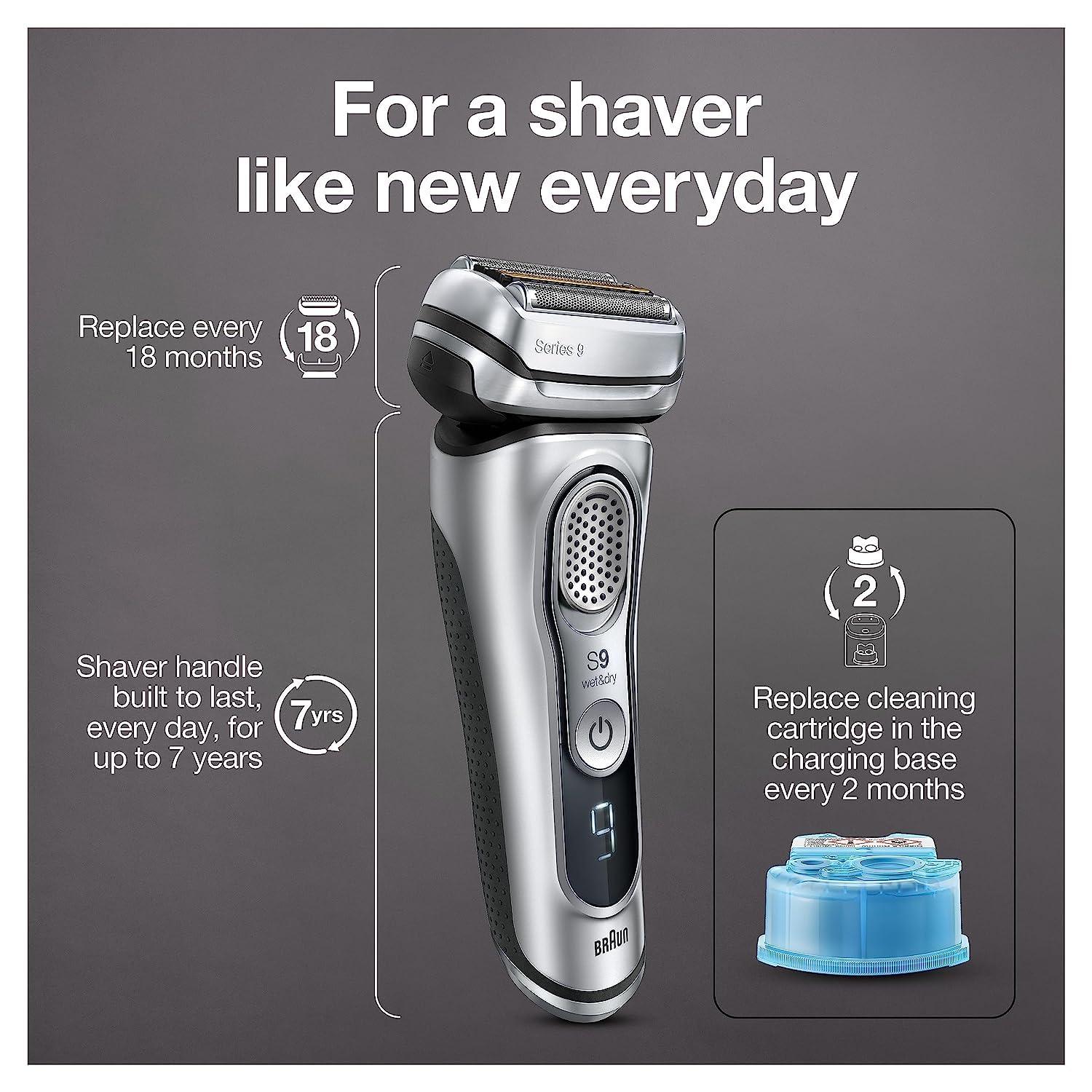 Braun Braun Electric Razor for Men, Waterproof Foil Shaver, Series 9 9390cc, Wet & Dry Shave, With Pop-Up Beard Trimmer for Grooming, Cleaning & Charging SmartCare Center and Leather Travel Case, Silver