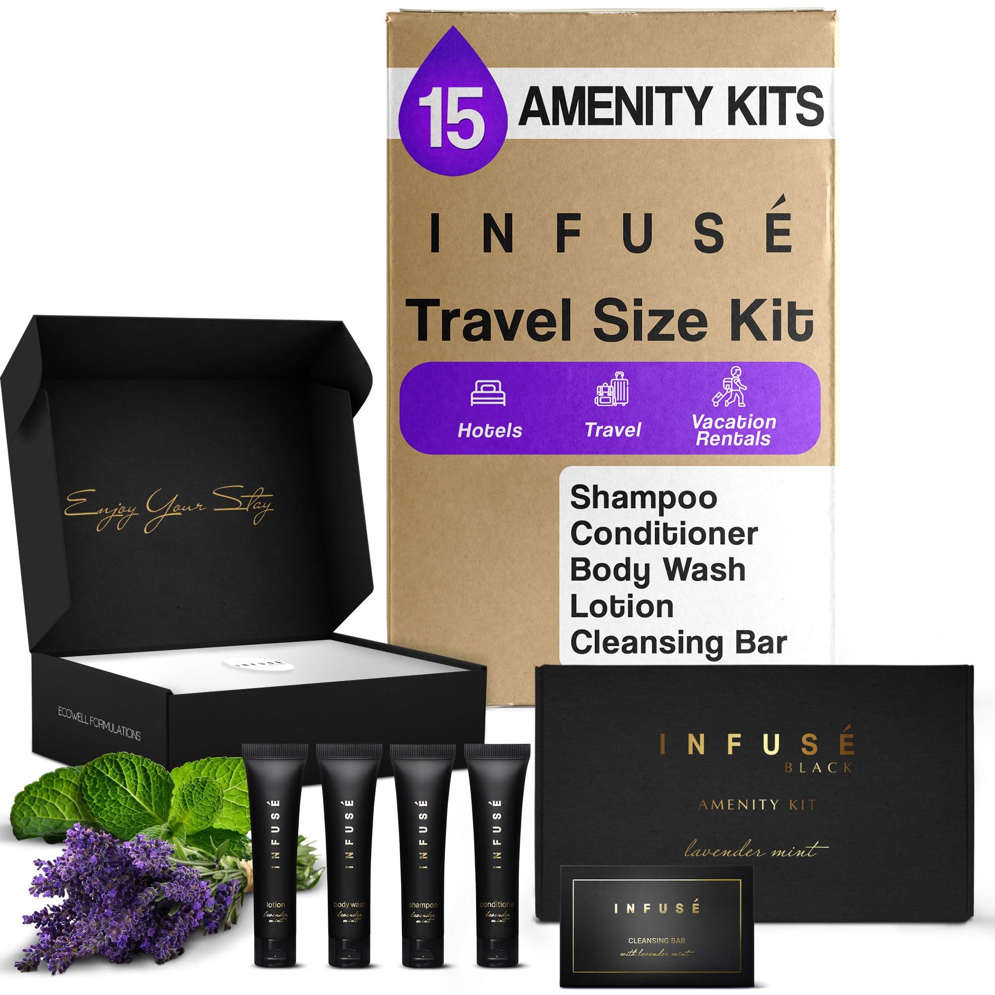 INFUS Infuse Black Amenity Kit | Boxed Hotel Toiletries | Bulk Set 1 oz Travel Size Shampoo, Conditioner, Lotion, Body Wash & Cleansing Bar for Guest Hospitality AirBnB/Vacation Rentals | 75 Pieces