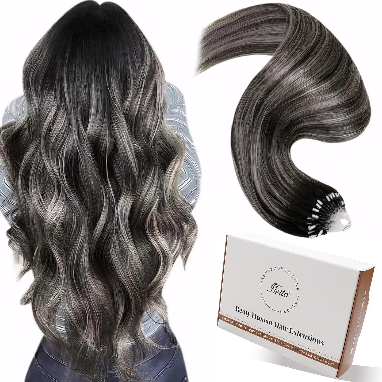 Hetto Hetto Micro Loop Hair Extensions Real Human Hair Ombre Black to Silver Remy Micro Beads Hair Extensions Natural Micro Link Hair Extensions Human Hair for Women 18 Inch 50g 50s