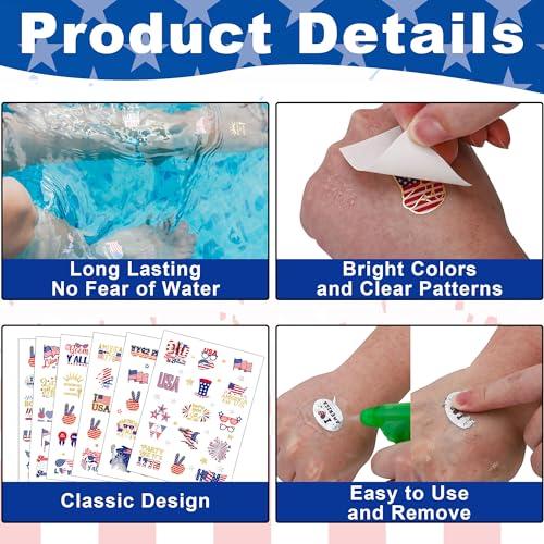 Huskein 188 PCS Veterans Day Temporary Tattoo Set, 4th of July Waterproof Face Body Stickers, Patriotic Parade Accessories, Fourth of July Long Lasting Temporary Tattoo, Party Supplies Thank You Veterans