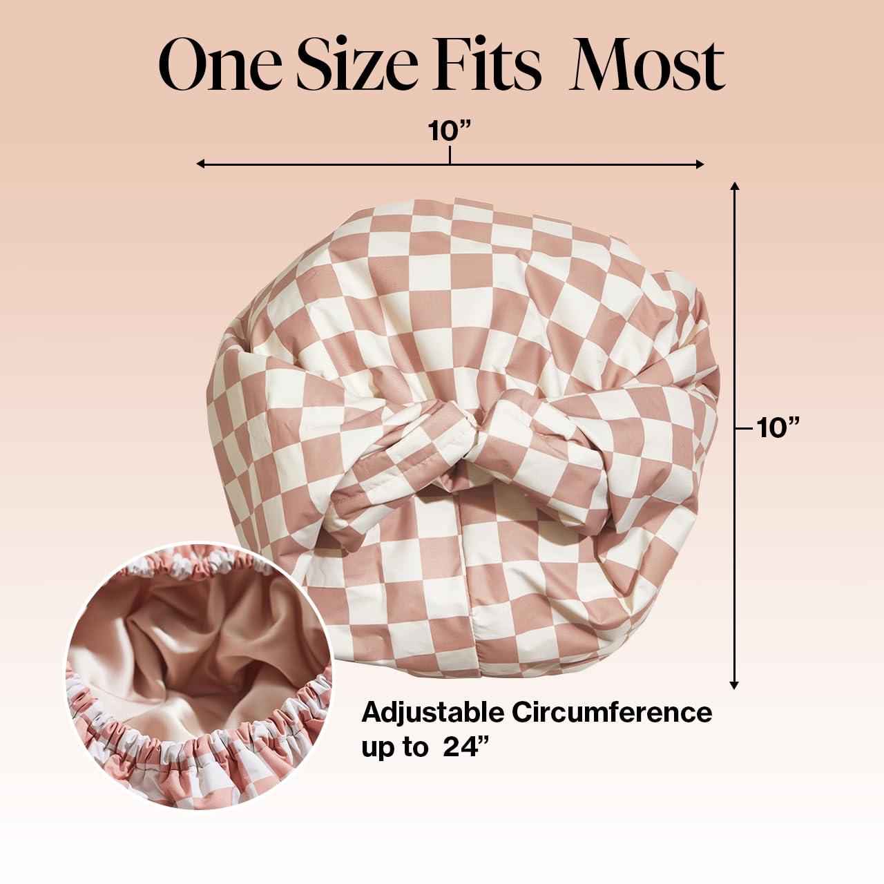Kitsch Kitsch Luxury Shower Caps for Women Reusable Waterproof - Flexi Satin Lined, Large Shower Cap for Men, Non-slip, Quick-dry, Adjustable, Stylish Hair Cap for Long & Short Hair - Terracotta Checker