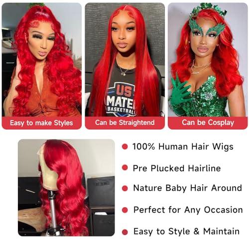 Avolo Avolo 13x4 Red Human Hair Wigs 32 Inch Red Colored Human Hair Lace Front Wigs Body Wave Red Lace Front Wig Human Hair Pre Plucked Red Wig Human Hair With Baby Hair 180% Density Glueless Wig