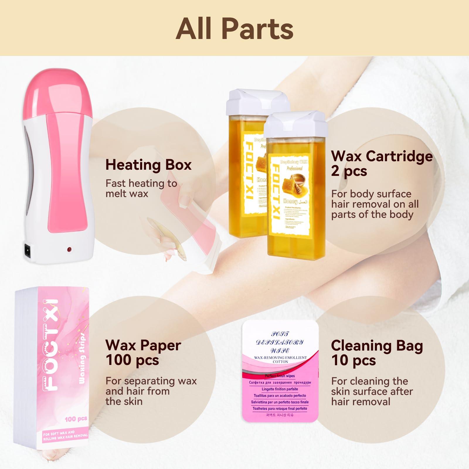 FOCTXI FOCTXI Roll On Waxing Kit for Sensitive Skin - Hair Removal with 2 Honey Soft Wax Cartridges and 100 Non-Woven Wax Strips, 10 Wipes