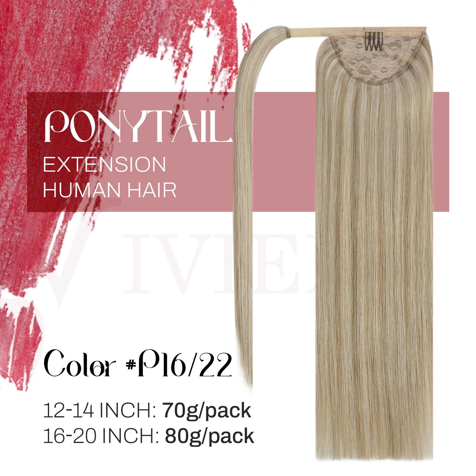 Vivien Vivien Ponytail Extension Human Hair Wrap Around Ponytail Extension Ash Blonde Highlight Golden Blonde Pony Tails Hair Extensions Clip in Ponytail Hair Extensions for Women 80G 18inch