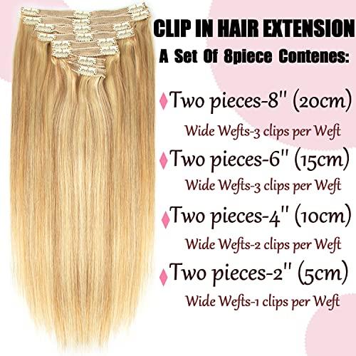 Tahikie Human Hair Clip in Extensions Dark Blonde Highlighted Bleach Blond Full Head Silky Straight Clip in Natural Remy Human Hair Extensions 120g 8pcs (22 inch, 18/613)