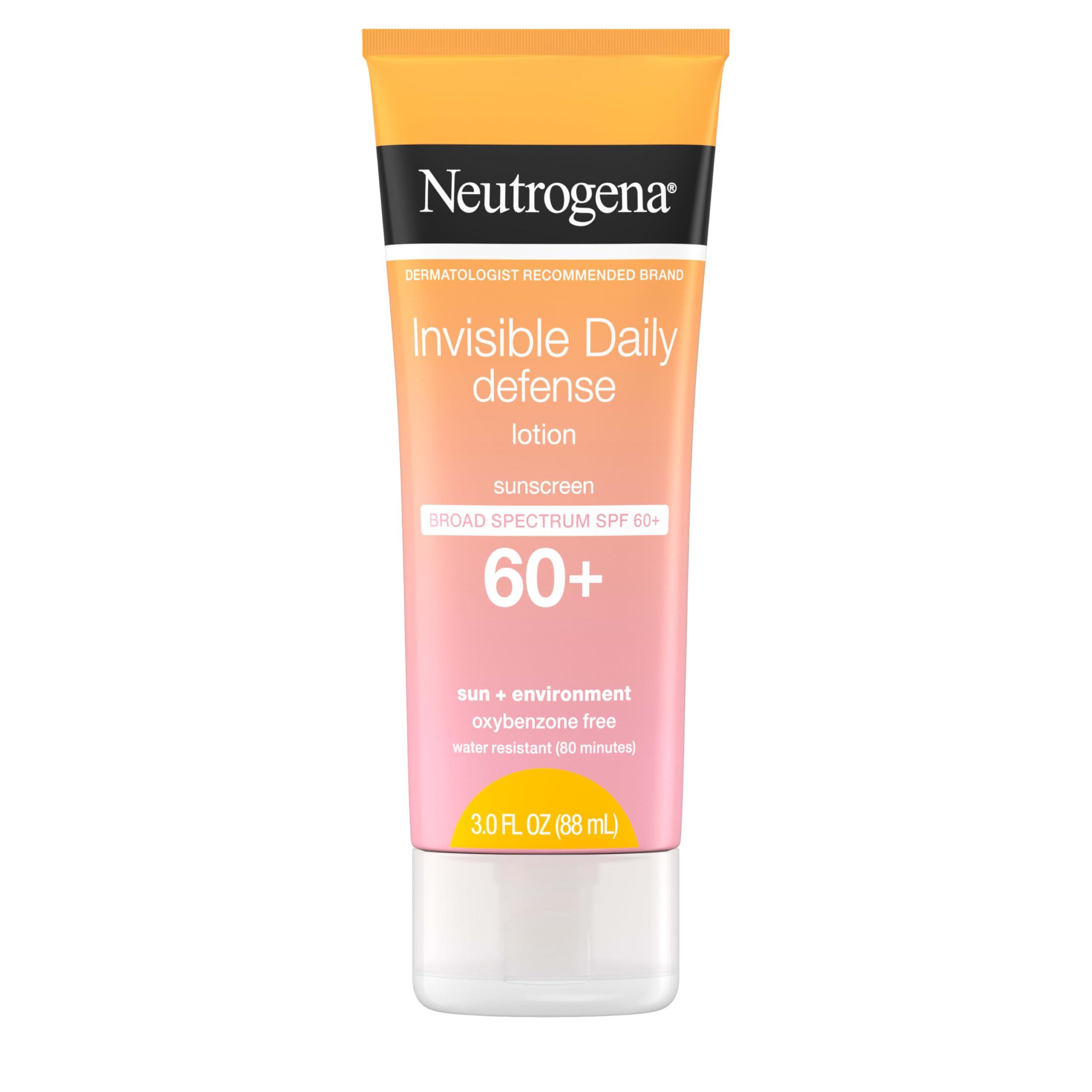Neutrogena Neutrogena Invisible Daily Sunscreen Lotion, Broad Spectrum SPF 60+, Oxybenzone-Free & Water-Resistant, Sun or Environmental Aggressor Protection, Antioxidant, 3 Fl Oz (Pack of 1)